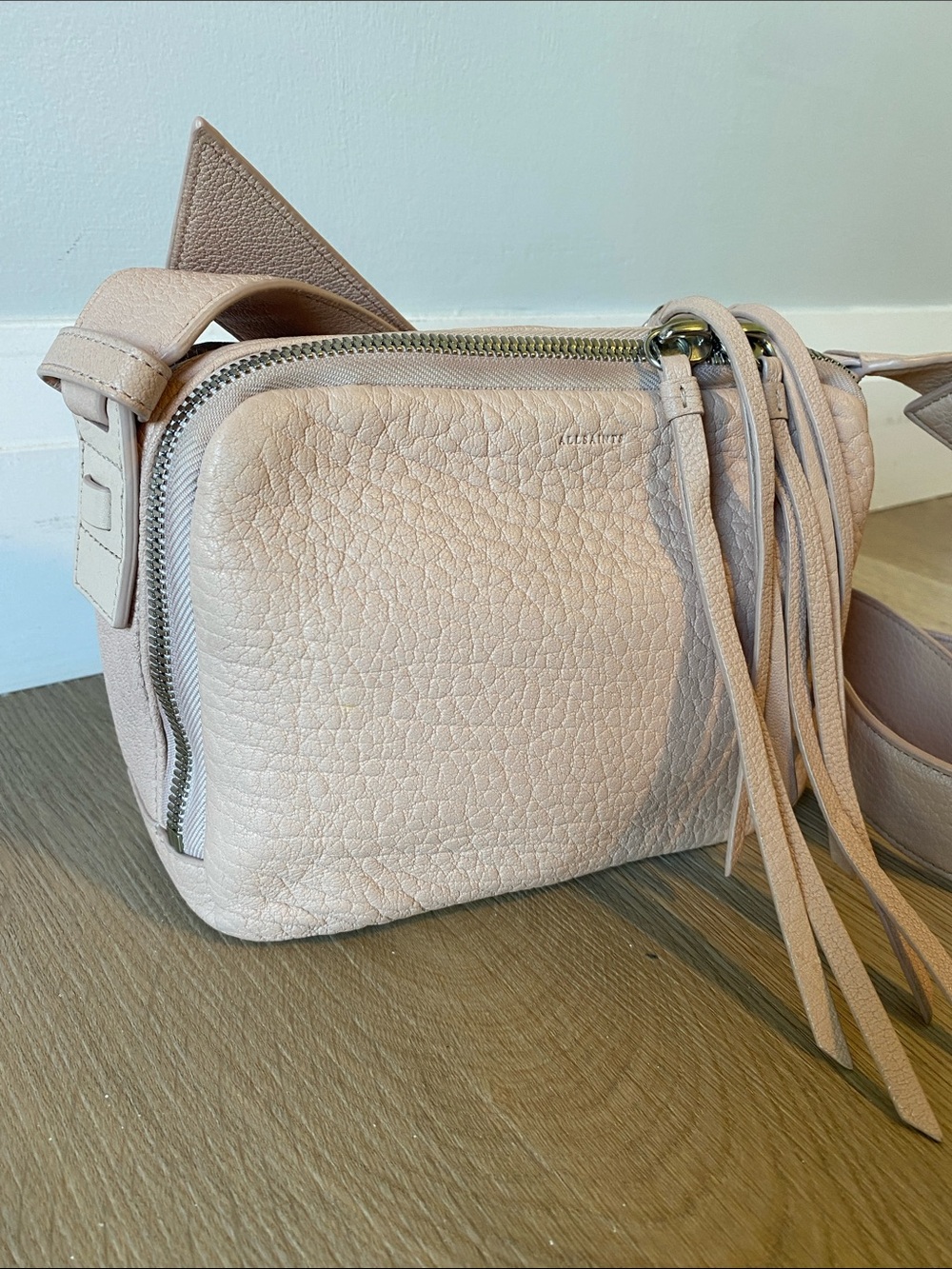 AllSaints Vincent Blush Pink Pebbled Leather Crossbody Bag Tassel